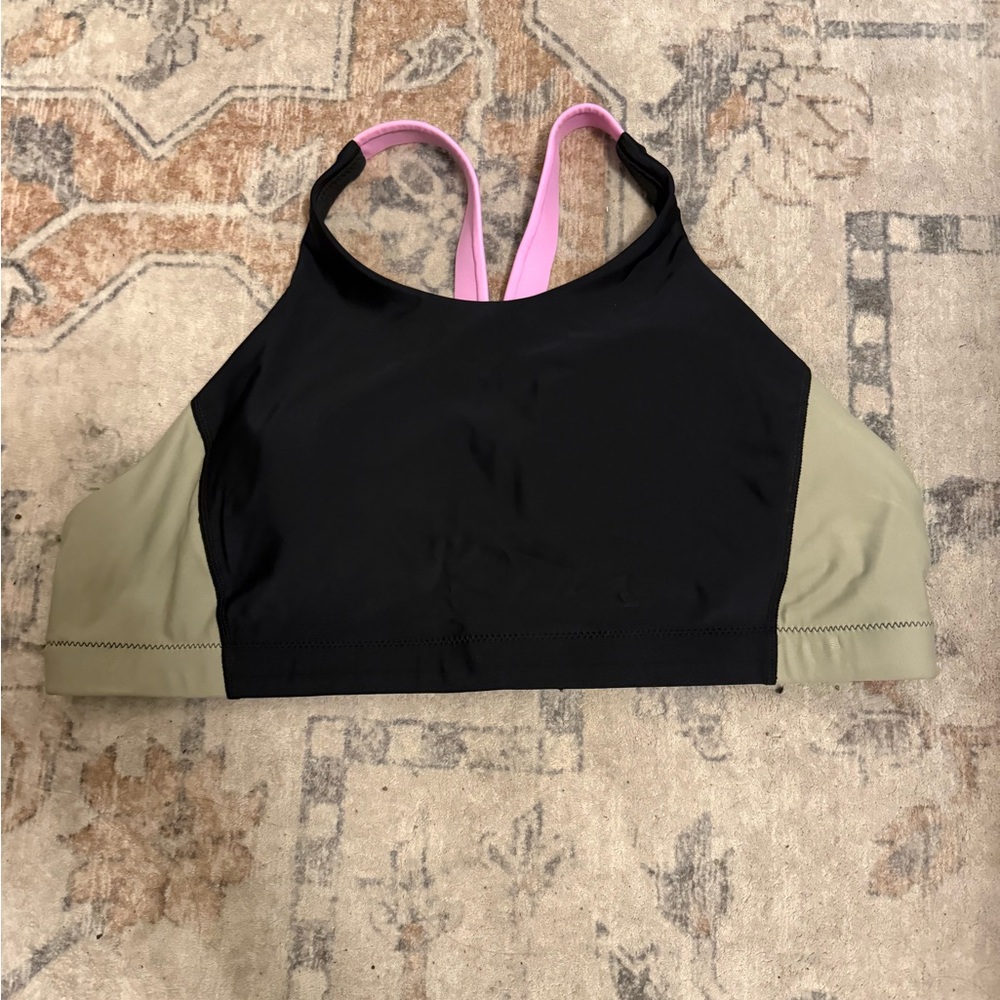 Prana Black and Olive Sports Bra with Pink Straps